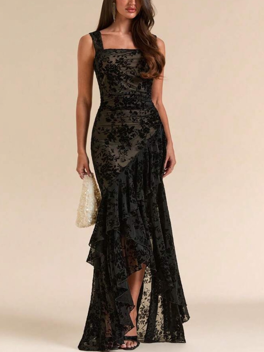 Black Lace Ruffle Evening Gown - Elegant Women's Dress